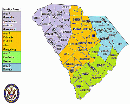 Map of South Carolina providing a visual display of the three jury areas for South Carolina District Court
